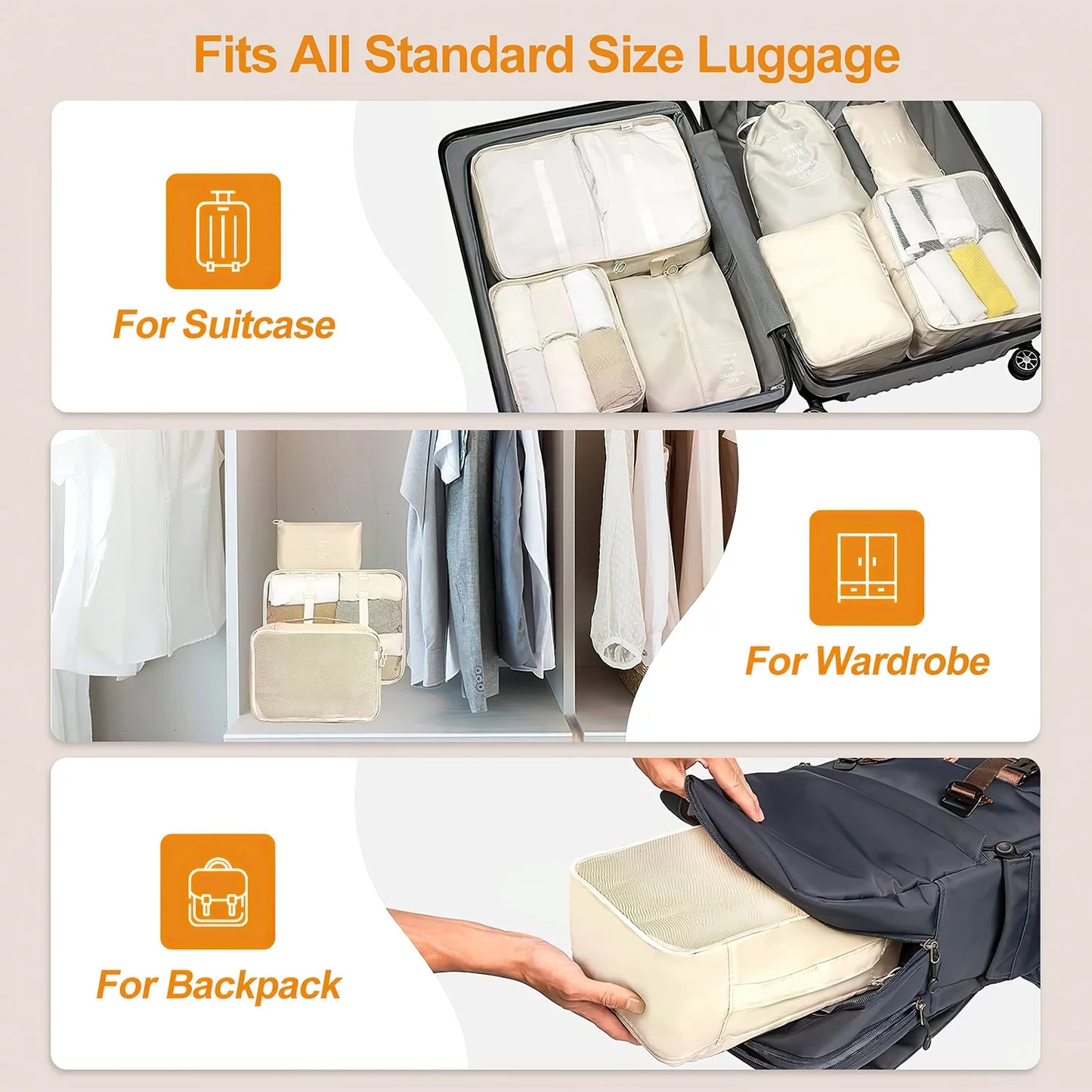 9-Piece Packing Cube Set with Large Toiletry Bag for Clothing and Footwear, Beige