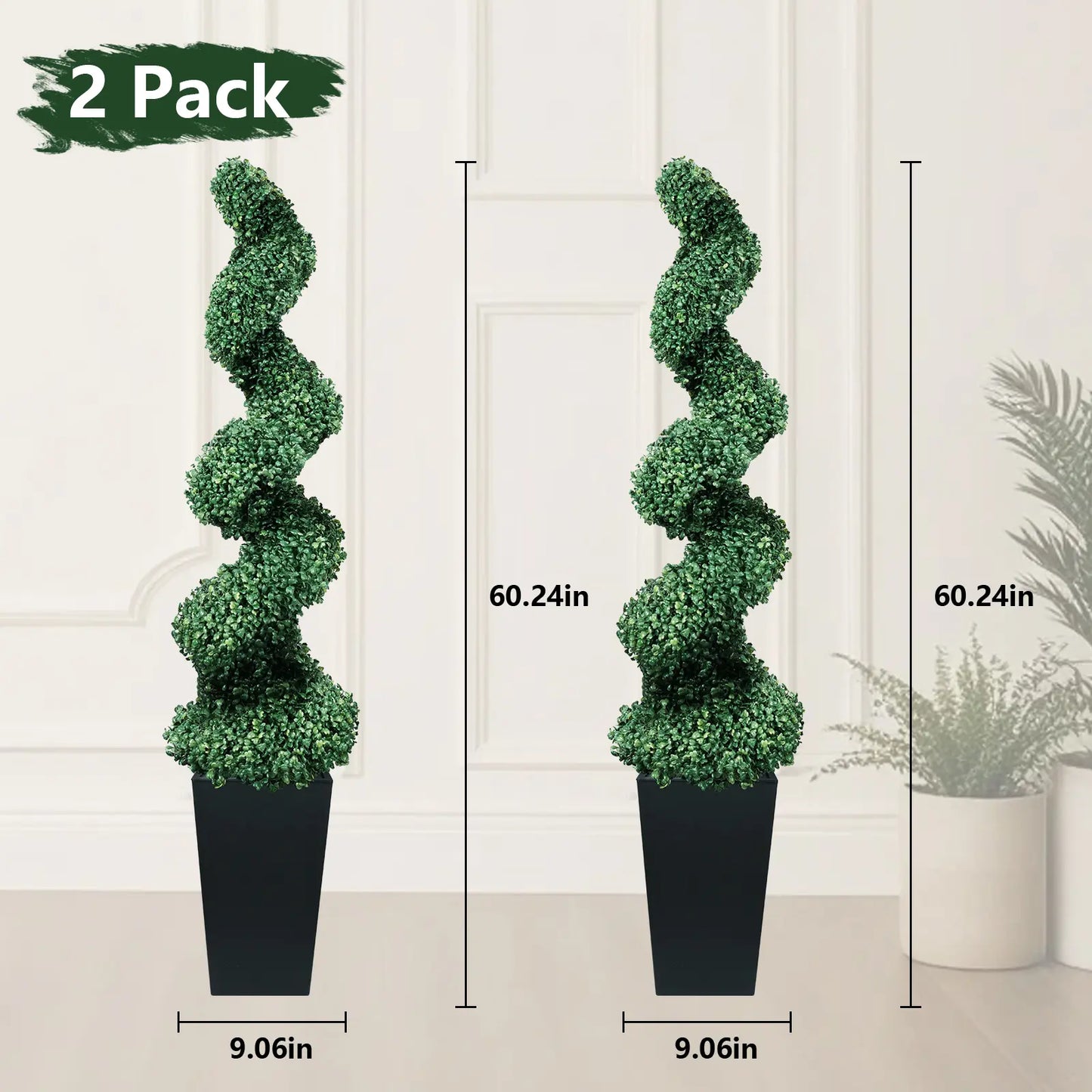 Set of 2 Artificial Boxwood Spiral Plants in Black Pots - 2/3/4 Ft Options | Ideal for Porch, Garage, and Fireplace Décor