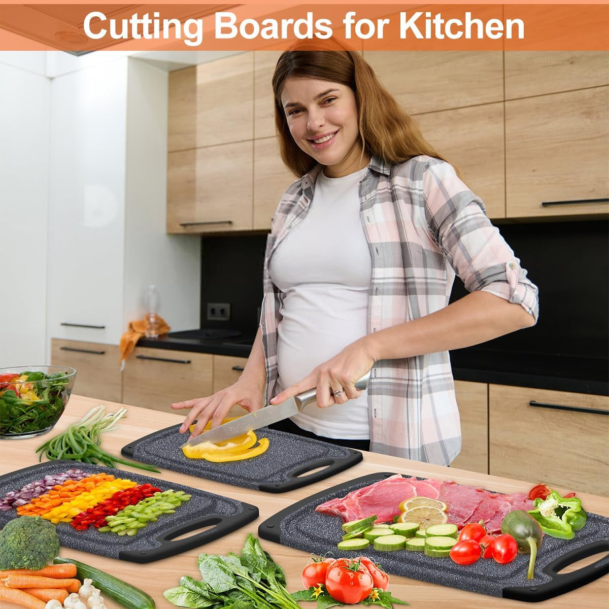 Kitchen Cutting Board Set (3 Pieces) | Professional Grade, Dishwasher Safe with Juice Grooves, Carrying Handle, and BPA-Free Design