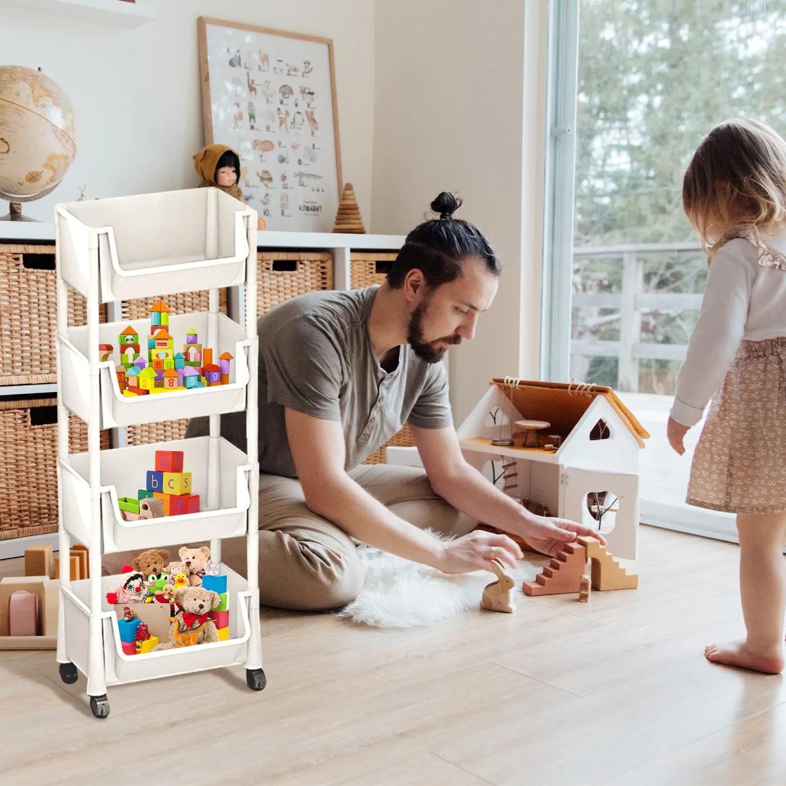 Multifunctional Multi-Layer Plastic Storage Cart with Wheels - Adjustable Layered Shelf Organizer for Bedroom, Bathroom, and Living Room - Includes Suction Cup Sponge Holder for Kitchen Sink - Easy Installation Kit 