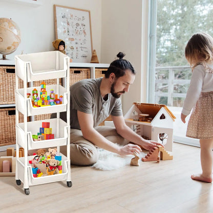 Multifunctional Multi-Layer Plastic Storage Cart with Wheels - Adjustable Layered Shelf Organizer for Bedroom, Bathroom, and Living Room - Includes Suction Cup Sponge Holder for Kitchen Sink - Easy Installation Kit 
