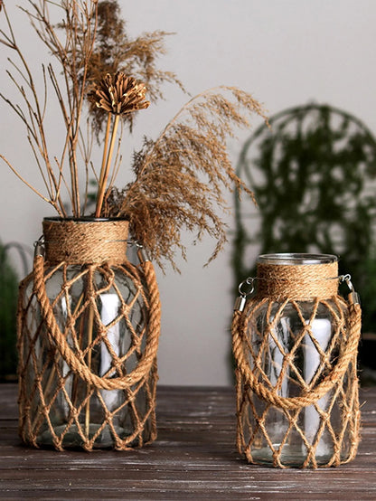 Rustic Hanging Glass Vase with Hemp Rope Net for Dried Flowers - Elegant Home Decor for Living Room and Table Settings