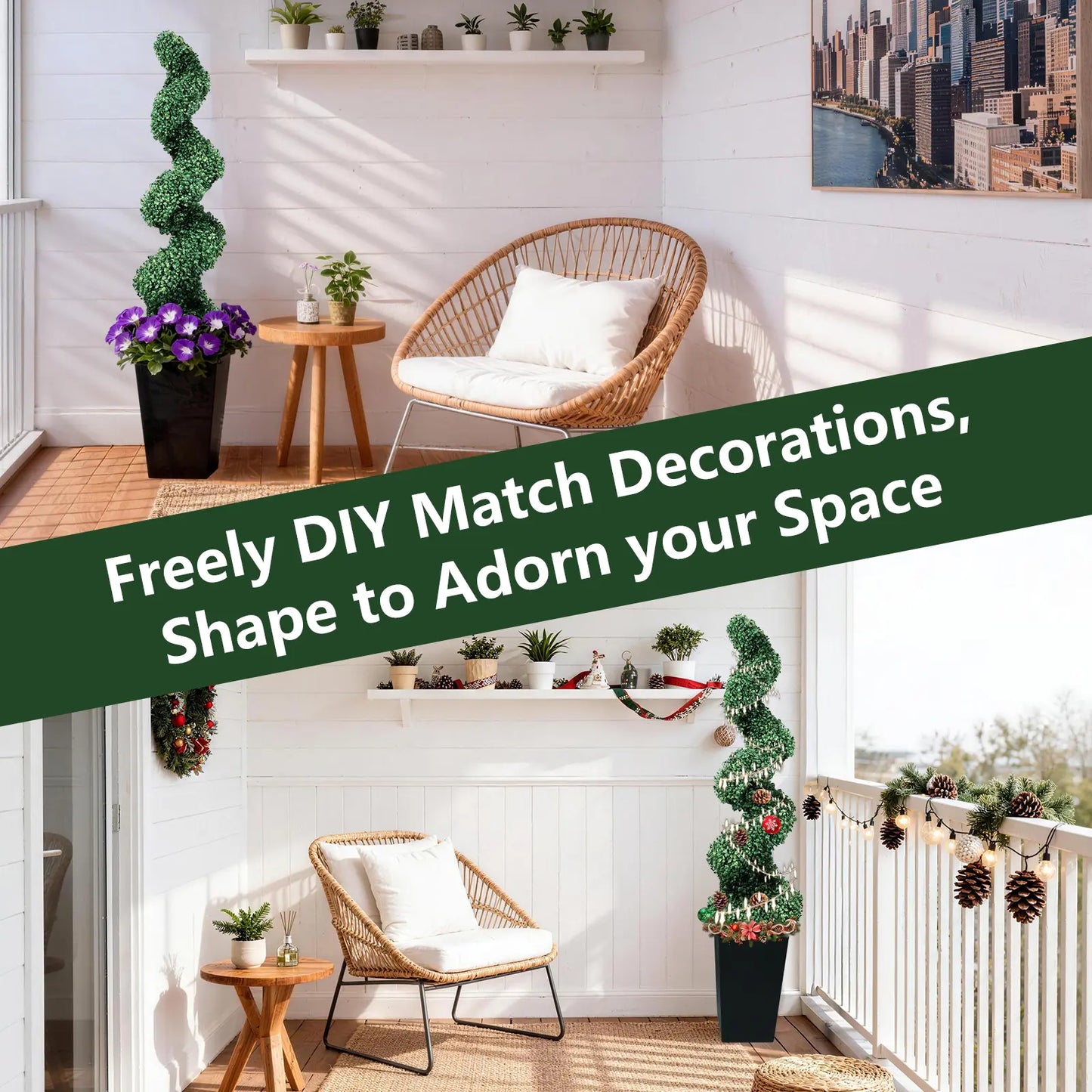 Set of 2 Artificial Boxwood Spiral Plants in Black Pots - 2/3/4 Ft Options | Ideal for Porch, Garage, and Fireplace Décor