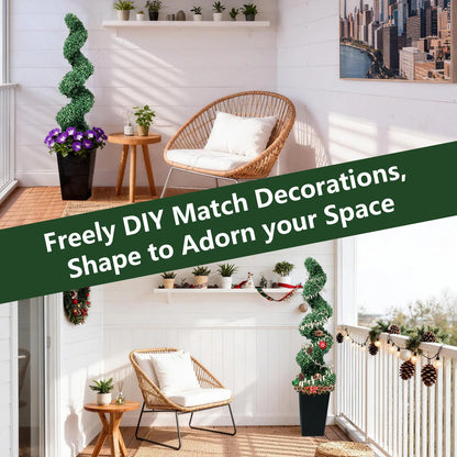 Set of 2 Artificial Boxwood Spiral Plants in Black Pots - 2/3/4 Ft Options | Ideal for Porch, Garage, and Fireplace Décor