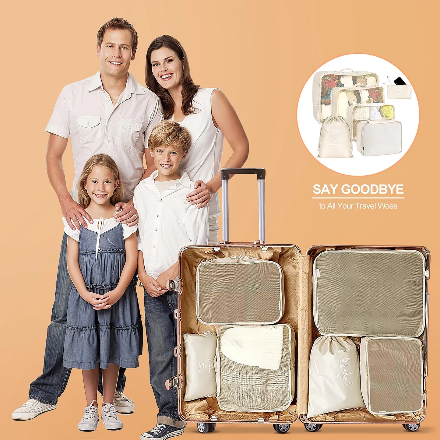 9-Piece Packing Cube Set with Large Toiletry Bag for Clothing and Footwear, Beige