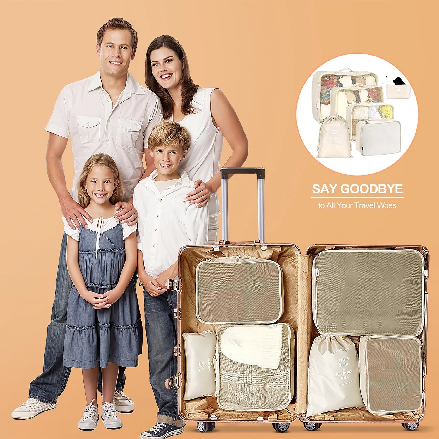 9-Piece Packing Cube Set with Large Toiletry Bag for Clothing and Footwear, Beige