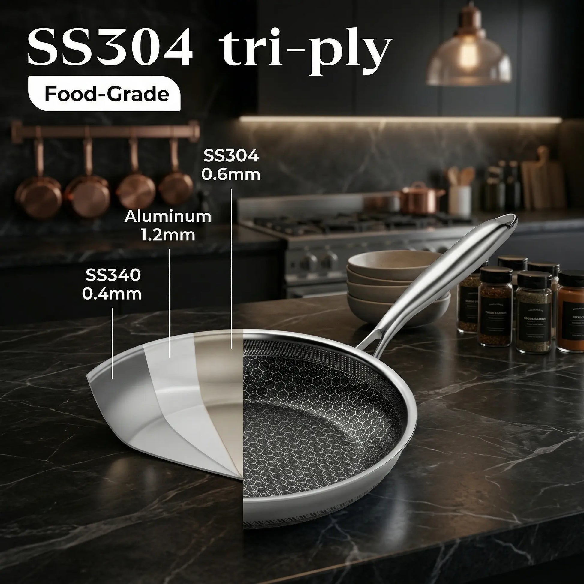XBM Professional 3-Piece Hybrid Nonstick Cookware Set - Induction & Oven Safe, Rivetless Ceramic Honeycomb Skillets (8", 10", 12"), 100% PTFE/PFOA Free, Tri-Ply Stainless Steel - Ideal Mother's Day Gift