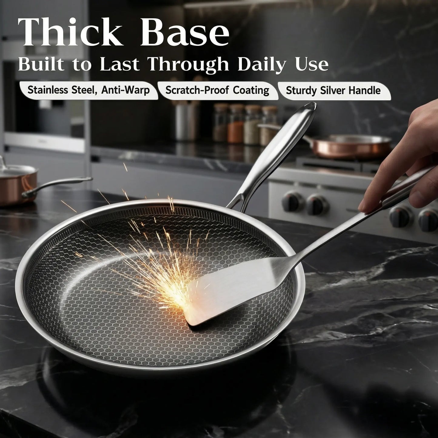 XBM Professional 3-Piece Hybrid Nonstick Cookware Set - Induction & Oven Safe, Rivetless Ceramic Honeycomb Skillets (8", 10", 12"), 100% PTFE/PFOA Free, Tri-Ply Stainless Steel - Ideal Mother's Day Gift