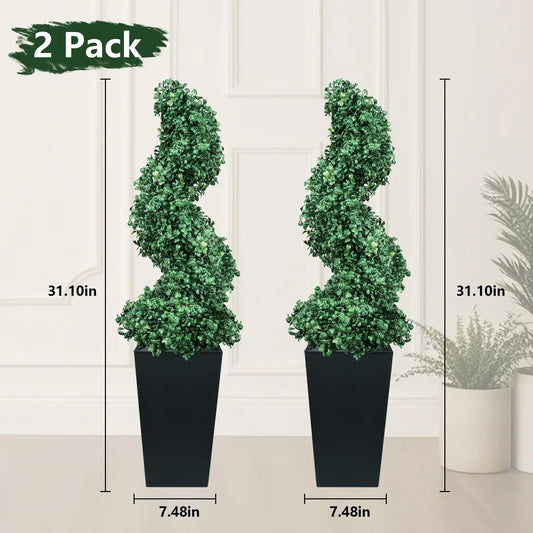 Set of 2 Artificial Boxwood Spiral Plants in Black Pots - 2/3/4 Ft Options | Ideal for Porch, Garage, and Fireplace Décor