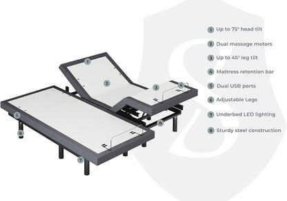 Split King Adjustable Bed Base with Quick Assembly, Head and Foot Articulation, USB Charging Ports, Zero Gravity Feature, Dual Massage Functionality, Wireless Control, Classic Design