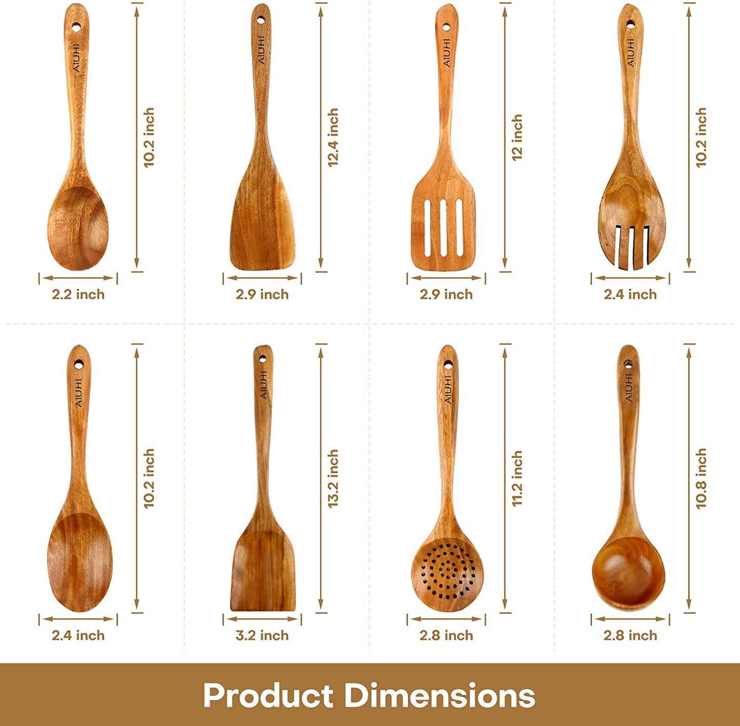 Teak Wood Cooking Utensil Set - 8 Piece Nonstick Kitchen Spoons, Scratch-Resistant Natural Wooden Utensils