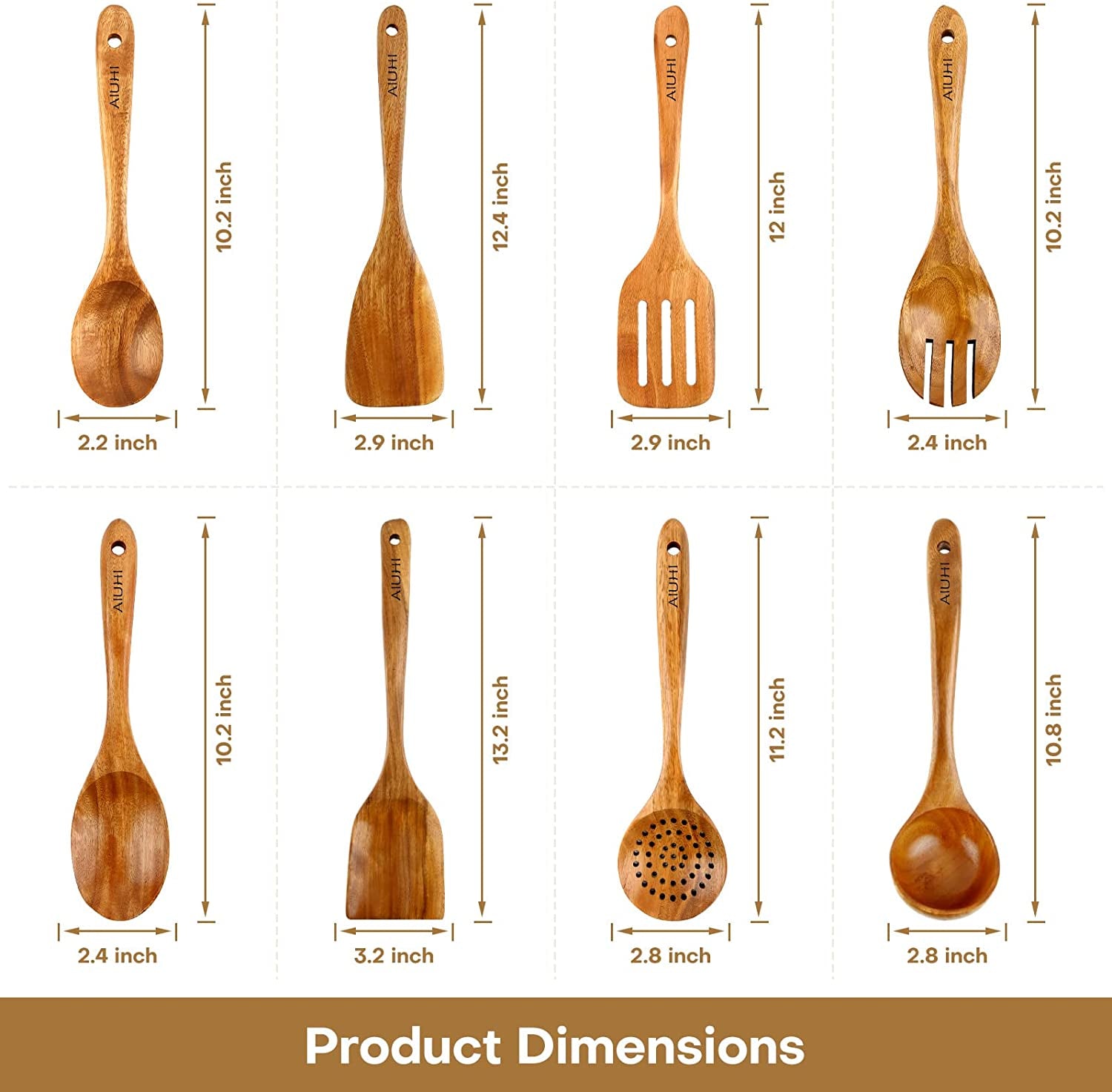 Teak Wood Cooking Utensil Set - 8 Piece Nonstick Kitchen Spoons, Scratch-Resistant Natural Wooden Utensils