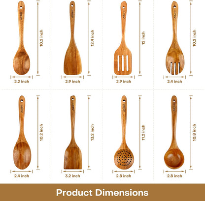 Teak Wood Cooking Utensil Set - 8 Piece Nonstick Kitchen Spoons, Scratch-Resistant Natural Wooden Utensils