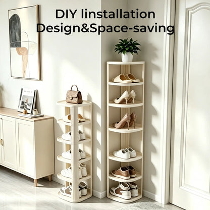 UFORU Curved Corner Shoe Rack Organizer - Stackable Free-Standing Shelf for Entryway and Closet in Off-White Finish