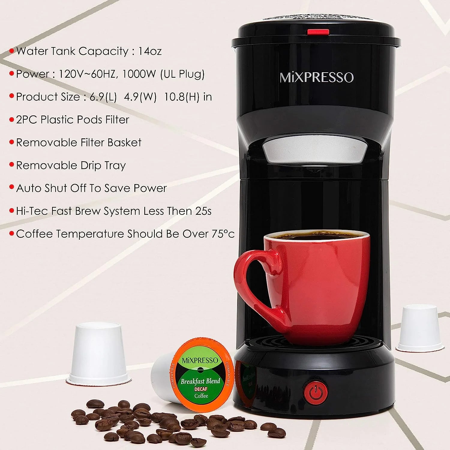 Compact 2-in-1 Single Serve Coffee Maker, K-Cup Compatible, Black, 14 Oz