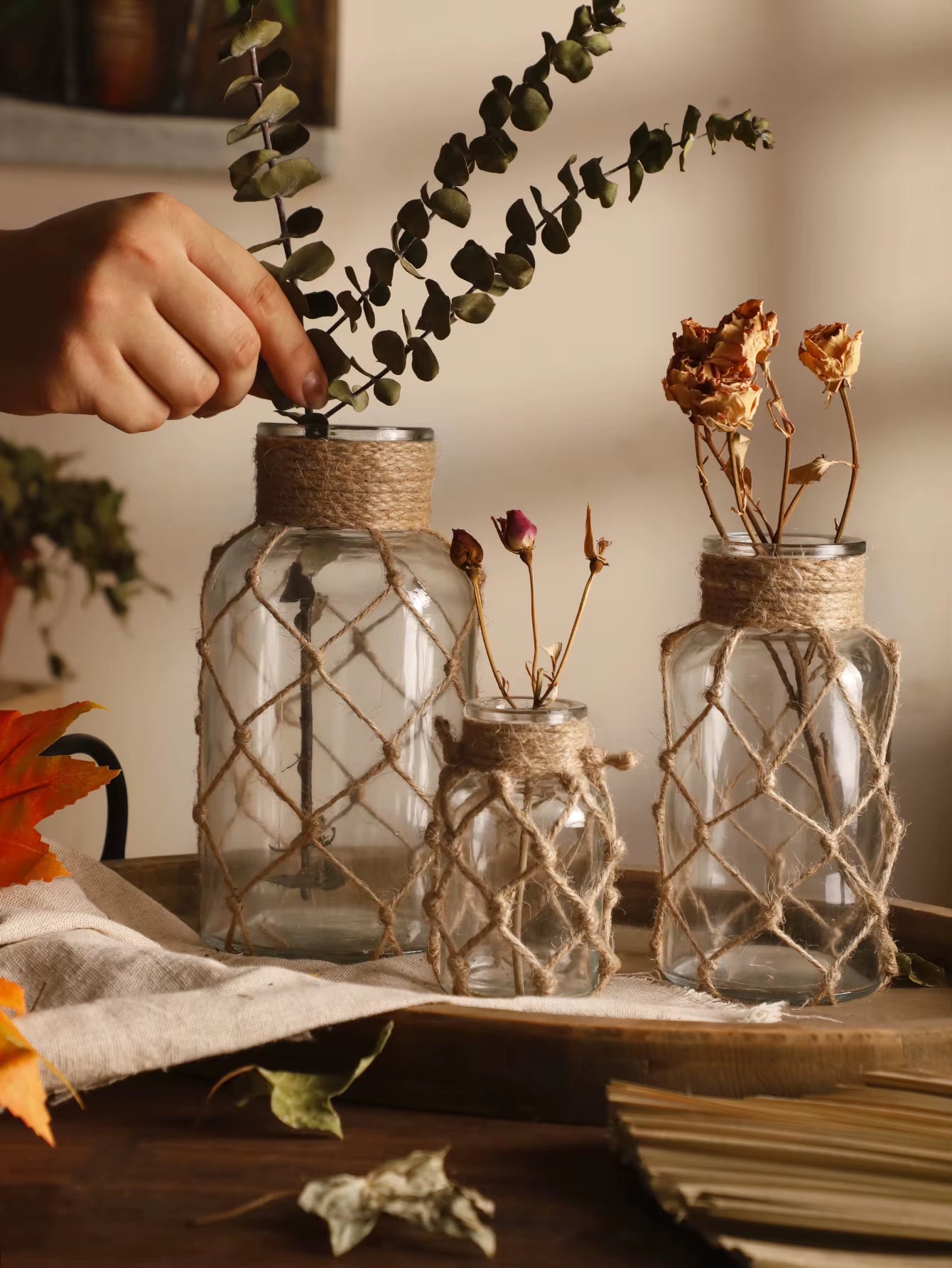 Rustic Hanging Glass Vase with Hemp Rope Net for Dried Flowers - Elegant Home Decor for Living Room and Table Settings
