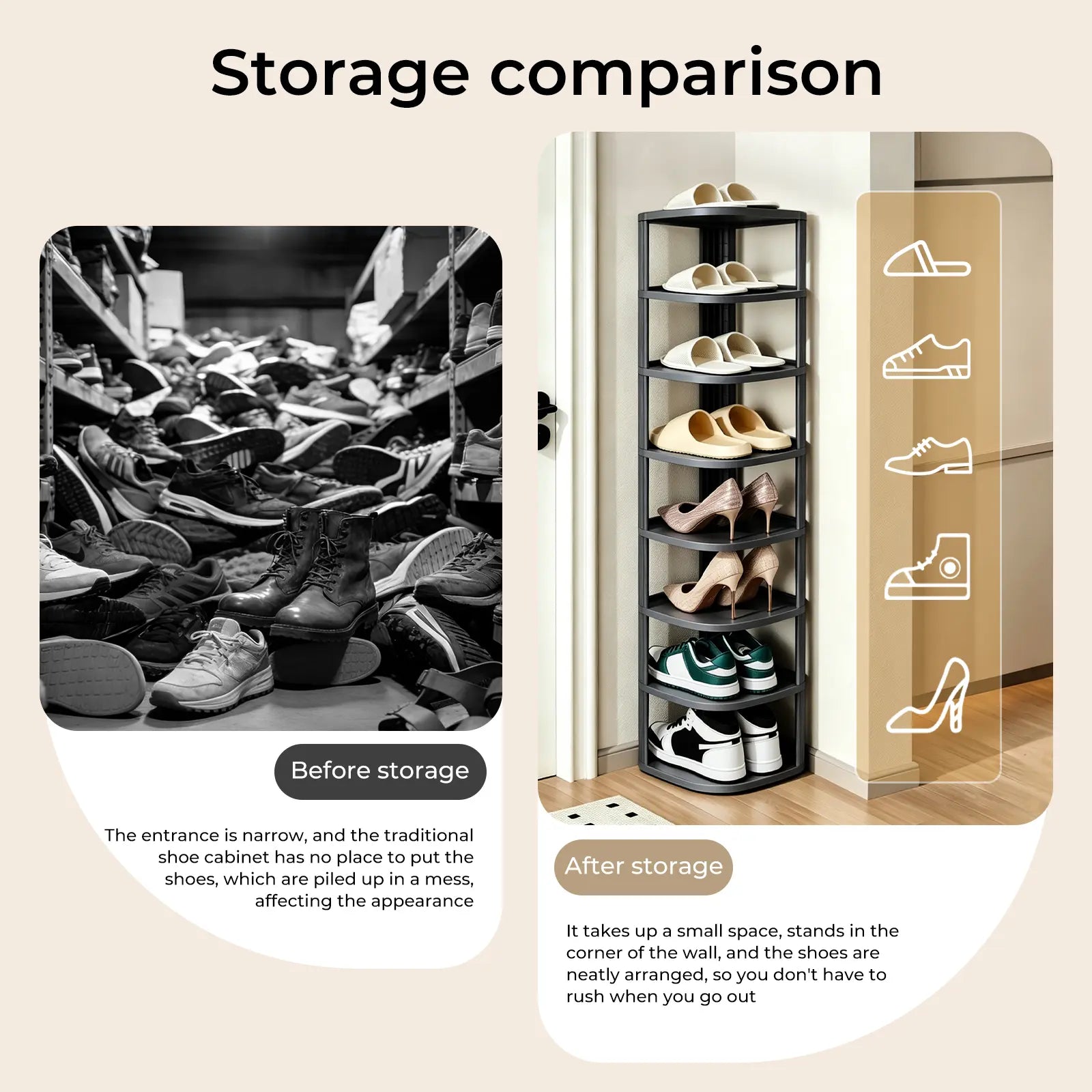 UFORU Curved Corner Shoe Rack Organizer - Stackable Free-Standing Shelf for Entryway and Closet in Off-White Finish
