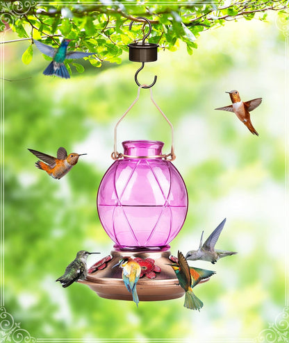 Glass Hummingbird Feeder with Netted Texture, 20 Ounce Capacity, Lavender Color, Ideal Outdoor Gift for Parents and Friends