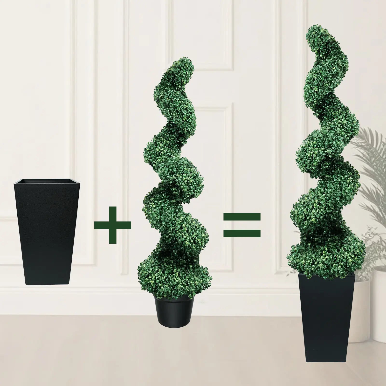 Set of 2 Artificial Boxwood Spiral Plants in Black Pots - 2/3/4 Ft Options | Ideal for Porch, Garage, and Fireplace Décor