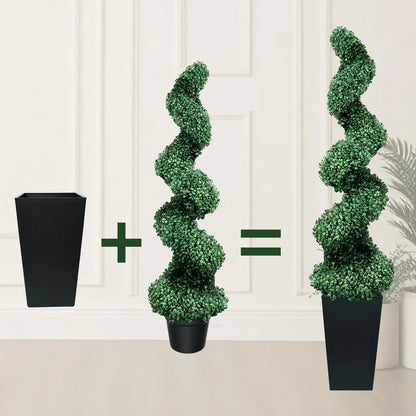 Set of 2 Artificial Boxwood Spiral Plants in Black Pots - 2/3/4 Ft Options | Ideal for Porch, Garage, and Fireplace Décor