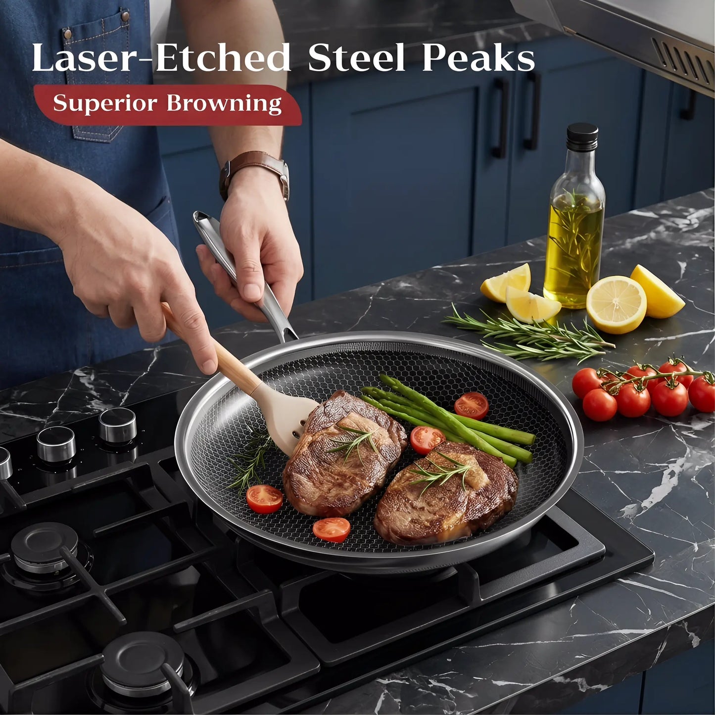 XBM Professional 3-Piece Hybrid Nonstick Cookware Set - Induction & Oven Safe, Rivetless Ceramic Honeycomb Skillets (8", 10", 12"), 100% PTFE/PFOA Free, Tri-Ply Stainless Steel - Ideal Mother's Day Gift