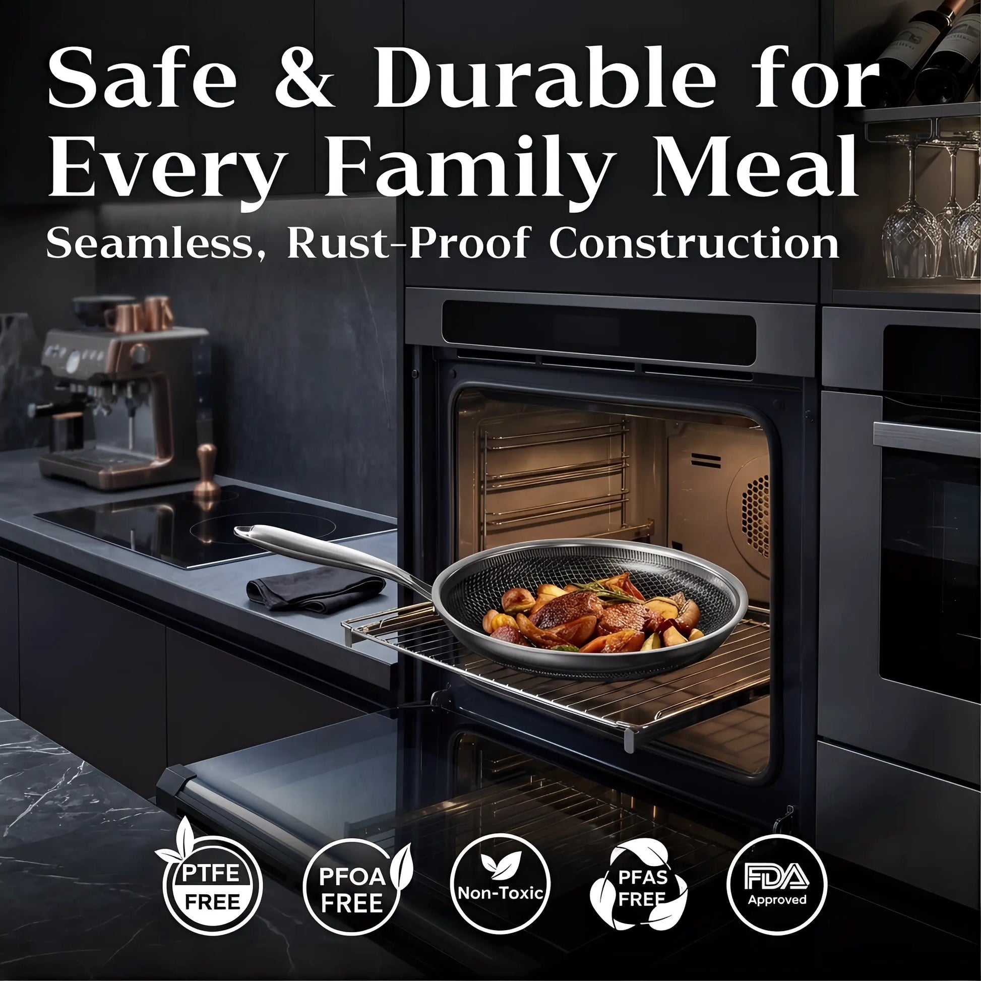 XBM Professional 3-Piece Hybrid Nonstick Cookware Set - Induction & Oven Safe, Rivetless Ceramic Honeycomb Skillets (8", 10", 12"), 100% PTFE/PFOA Free, Tri-Ply Stainless Steel - Ideal Mother's Day Gift
