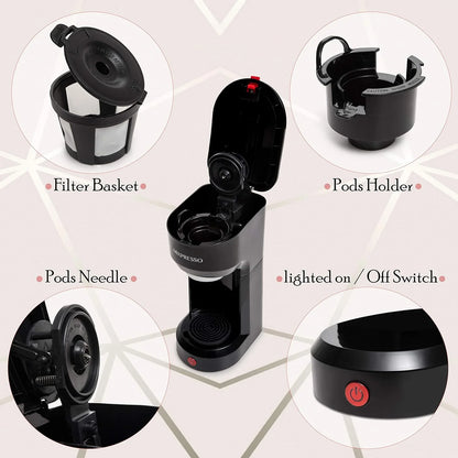 Compact 2-in-1 Single Serve Coffee Maker, K-Cup Compatible, Black, 14 Oz