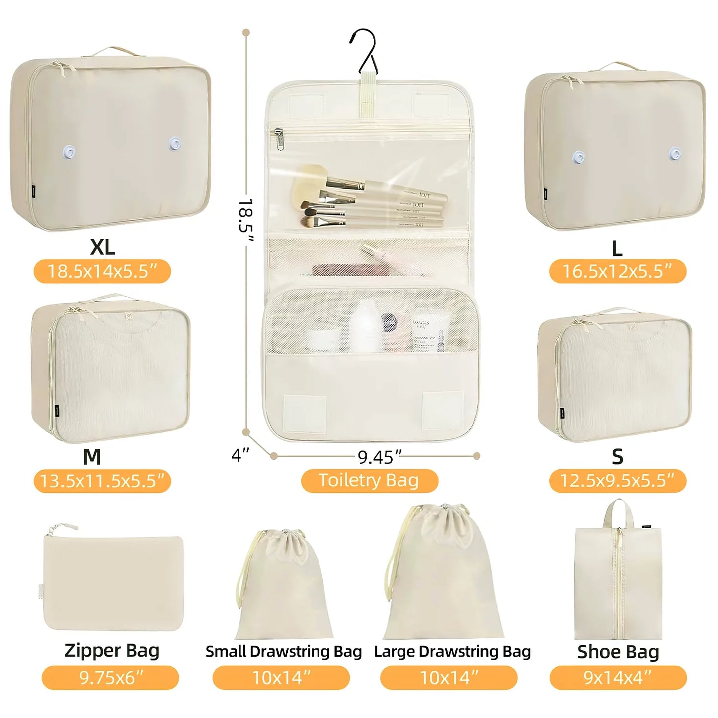 9-Piece Packing Cube Set with Large Toiletry Bag for Clothing and Footwear, Beige
