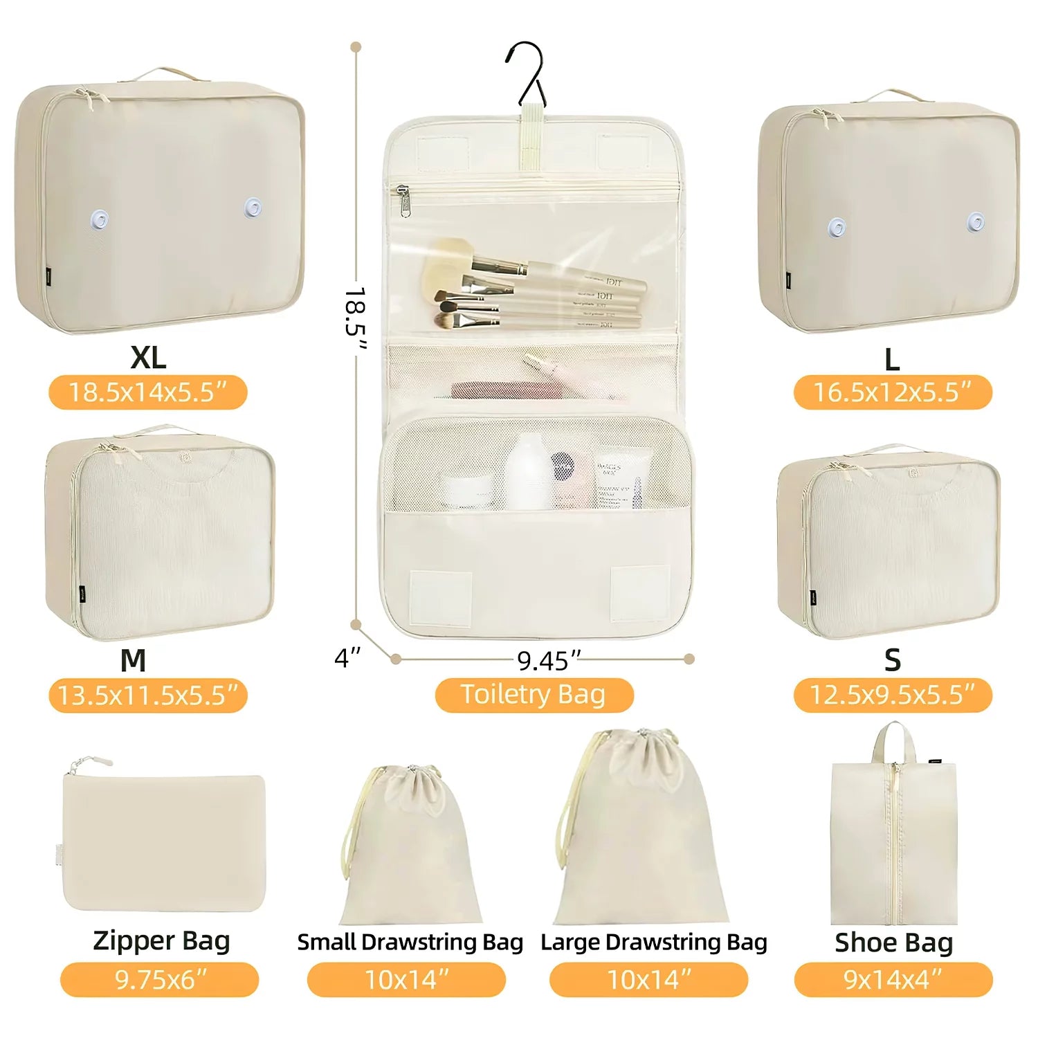 9-Piece Packing Cube Set with Large Toiletry Bag for Clothing and Footwear, Beige