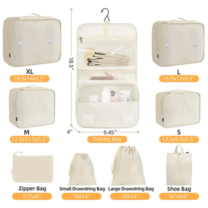 9-Piece Packing Cube Set with Large Toiletry Bag for Clothing and Footwear, Beige