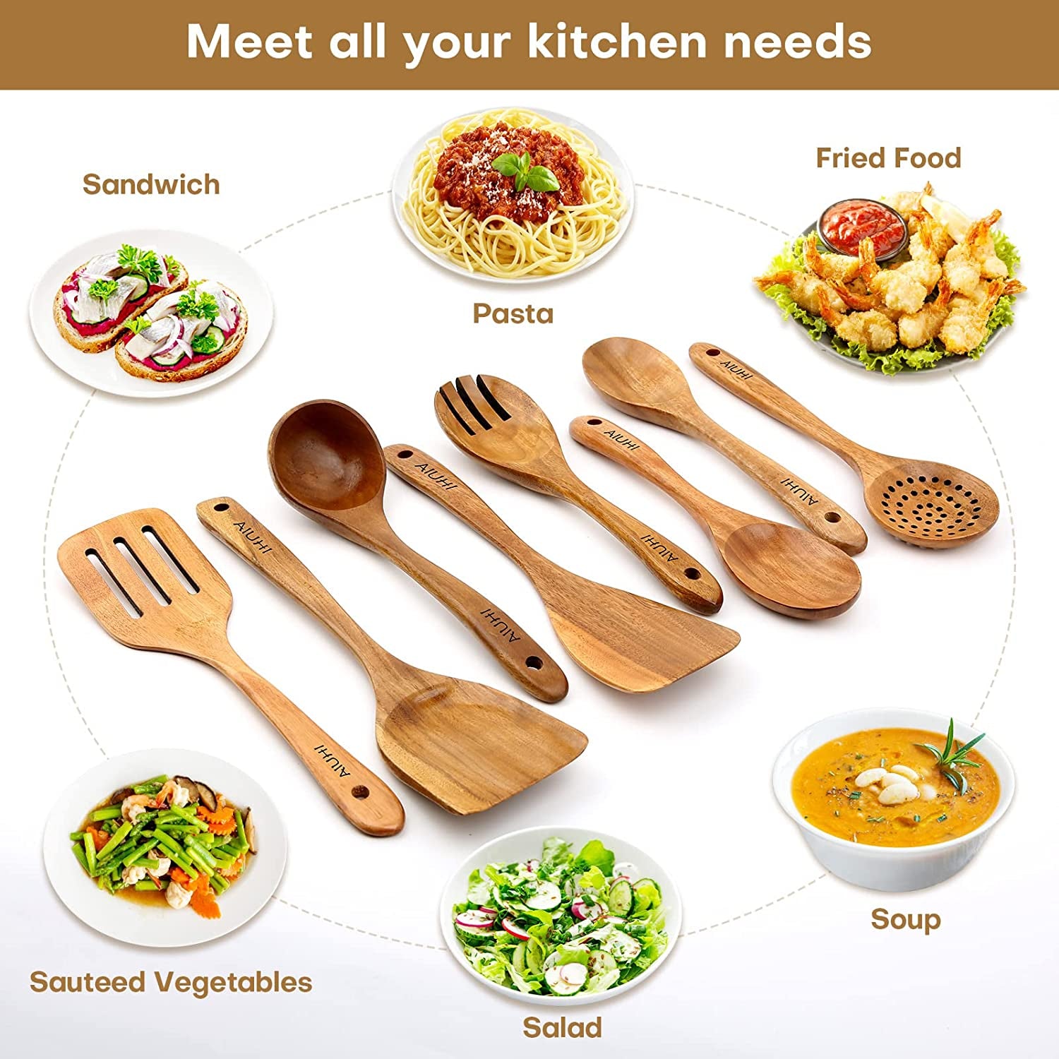 Teak Wood Cooking Utensil Set - 8 Piece Nonstick Kitchen Spoons, Scratch-Resistant Natural Wooden Utensils
