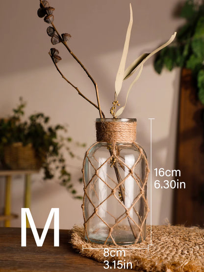 Rustic Hanging Glass Vase with Hemp Rope Net for Dried Flowers - Elegant Home Decor for Living Room and Table Settings