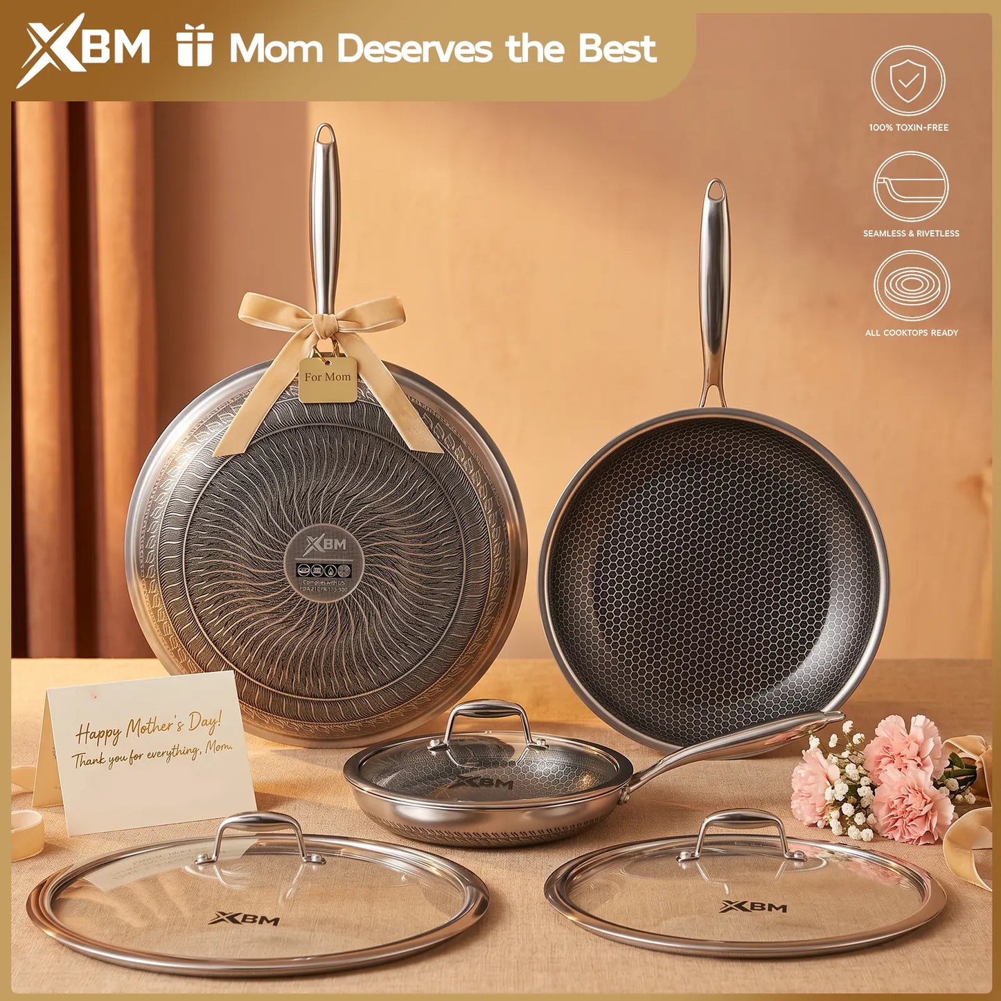 XBM Professional 3-Piece Hybrid Nonstick Cookware Set - Induction & Oven Safe, Rivetless Ceramic Honeycomb Skillets (8", 10", 12"), 100% PTFE/PFOA Free, Tri-Ply Stainless Steel - Ideal Mother's Day Gift