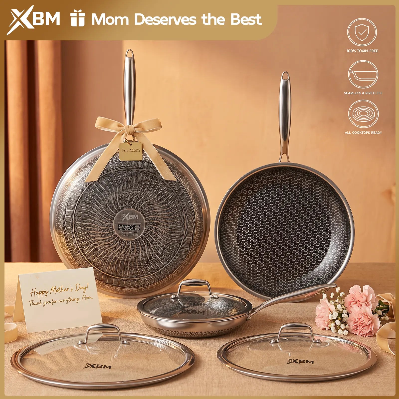 XBM Professional 3-Piece Hybrid Nonstick Cookware Set - Induction & Oven Safe, Rivetless Ceramic Honeycomb Skillets (8", 10", 12"), 100% PTFE/PFOA Free, Tri-Ply Stainless Steel - Ideal Mother's Day Gift