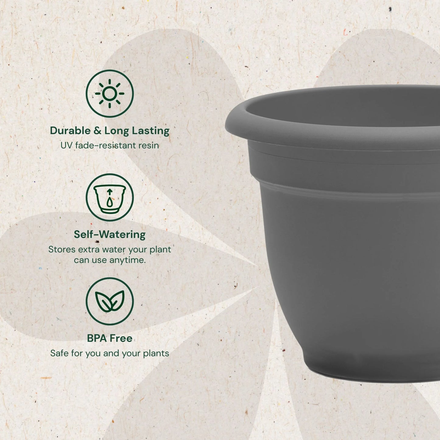 Ariana 16-Inch Self-Watering Plastic Planter with Rolled Rim for Indoor and Outdoor Use, Charcoal