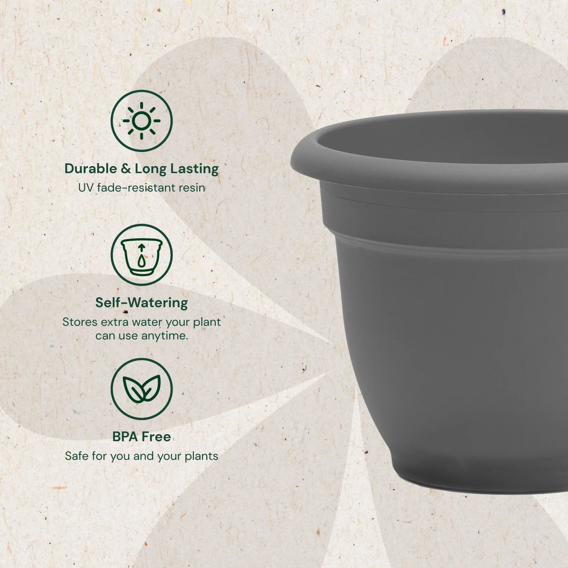 Ariana 16-Inch Self-Watering Plastic Planter with Rolled Rim for Indoor and Outdoor Use, Charcoal