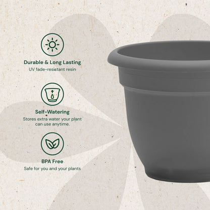 Ariana 16-Inch Self-Watering Plastic Planter with Rolled Rim for Indoor and Outdoor Use, Charcoal