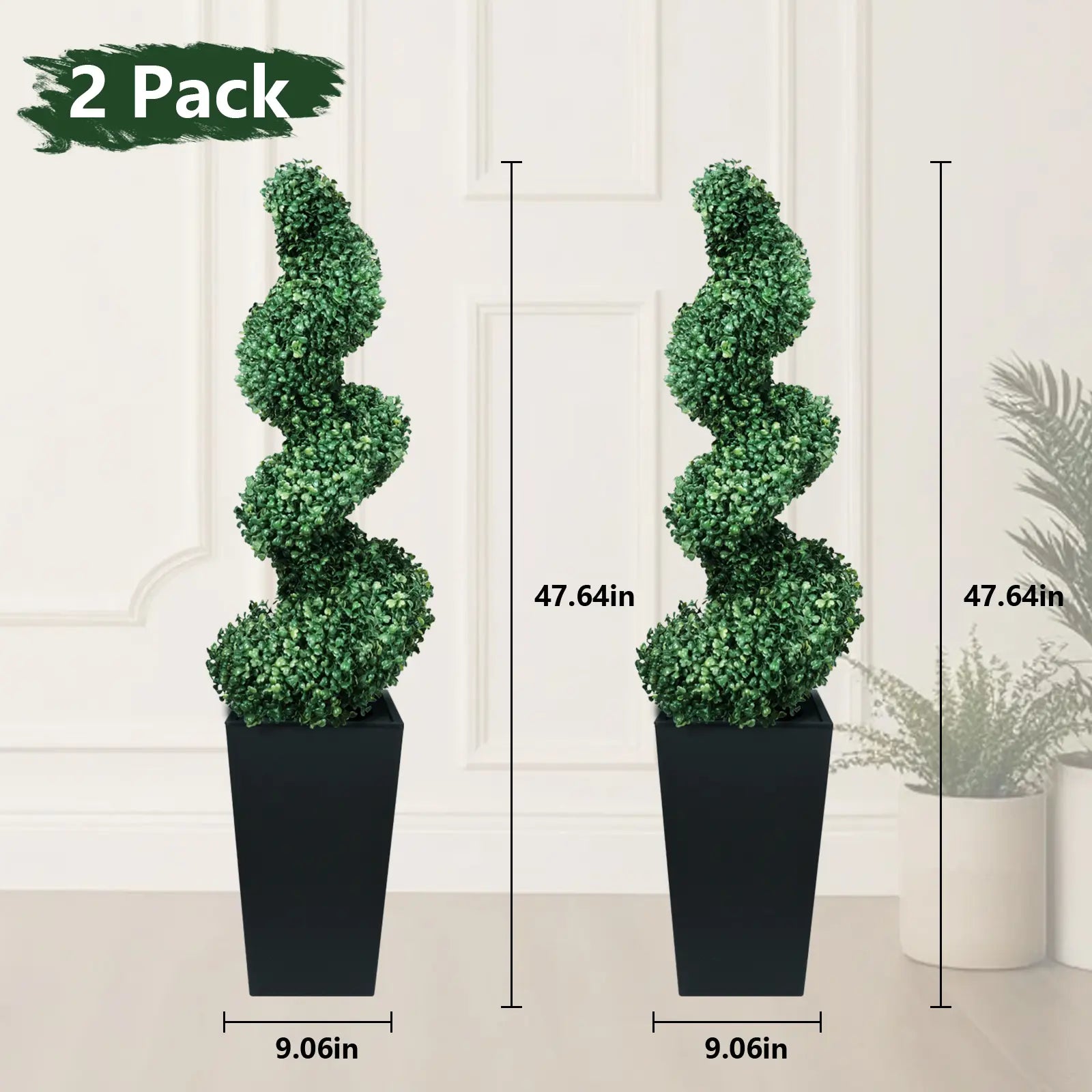 Set of 2 Artificial Boxwood Spiral Plants in Black Pots - 2/3/4 Ft Options | Ideal for Porch, Garage, and Fireplace Décor