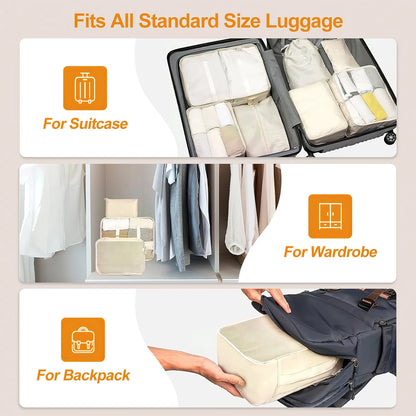 9-Piece Packing Cube Set with Large Toiletry Bag for Clothing and Footwear, Beige