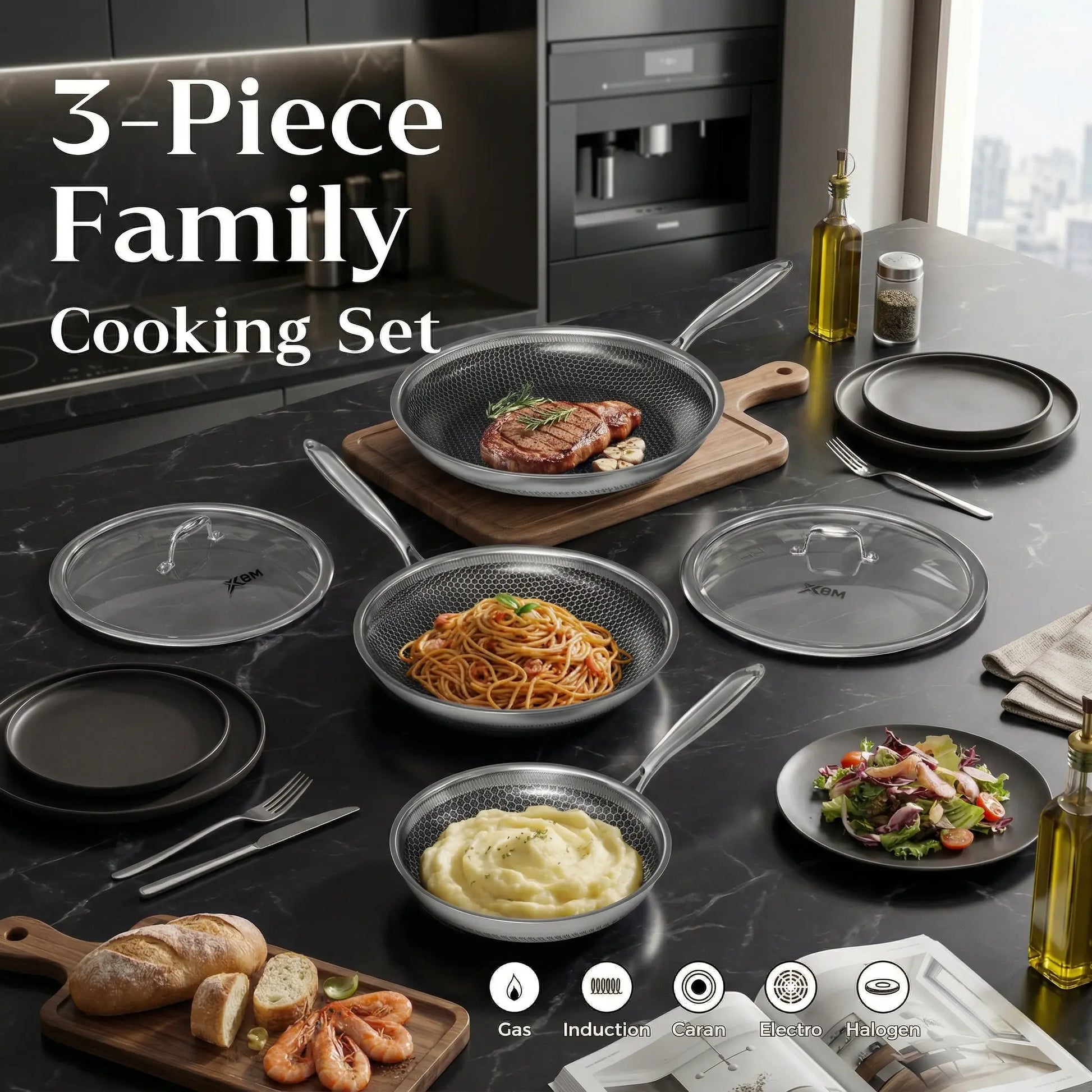 XBM Professional 3-Piece Hybrid Nonstick Cookware Set - Induction & Oven Safe, Rivetless Ceramic Honeycomb Skillets (8", 10", 12"), 100% PTFE/PFOA Free, Tri-Ply Stainless Steel - Ideal Mother's Day Gift