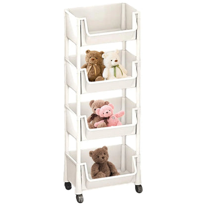 Multifunctional Multi-Layer Plastic Storage Cart with Wheels - Adjustable Layered Shelf Organizer for Bedroom, Bathroom, and Living Room - Includes Suction Cup Sponge Holder for Kitchen Sink - Easy Installation Kit 