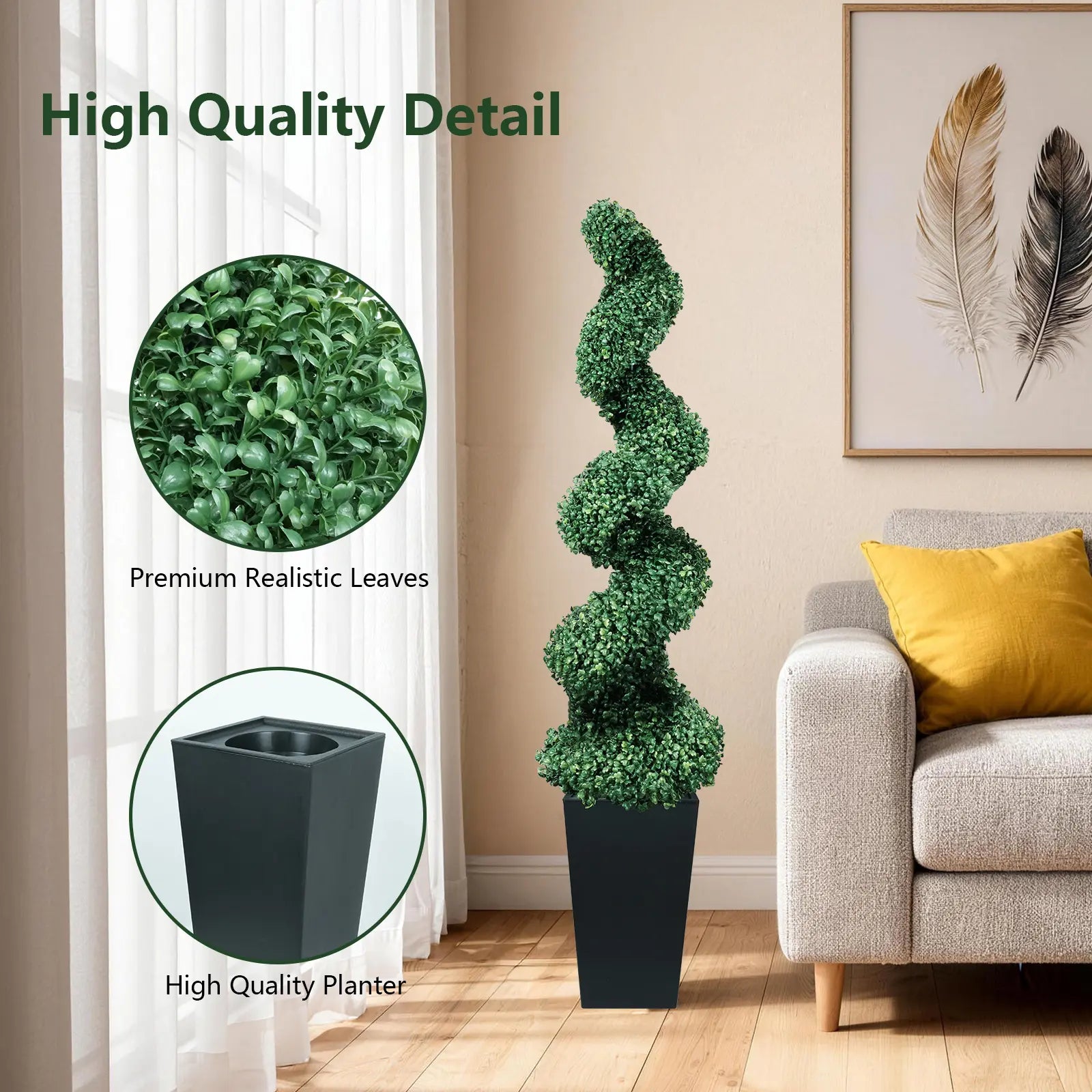 Set of 2 Artificial Boxwood Spiral Plants in Black Pots - 2/3/4 Ft Options | Ideal for Porch, Garage, and Fireplace Décor