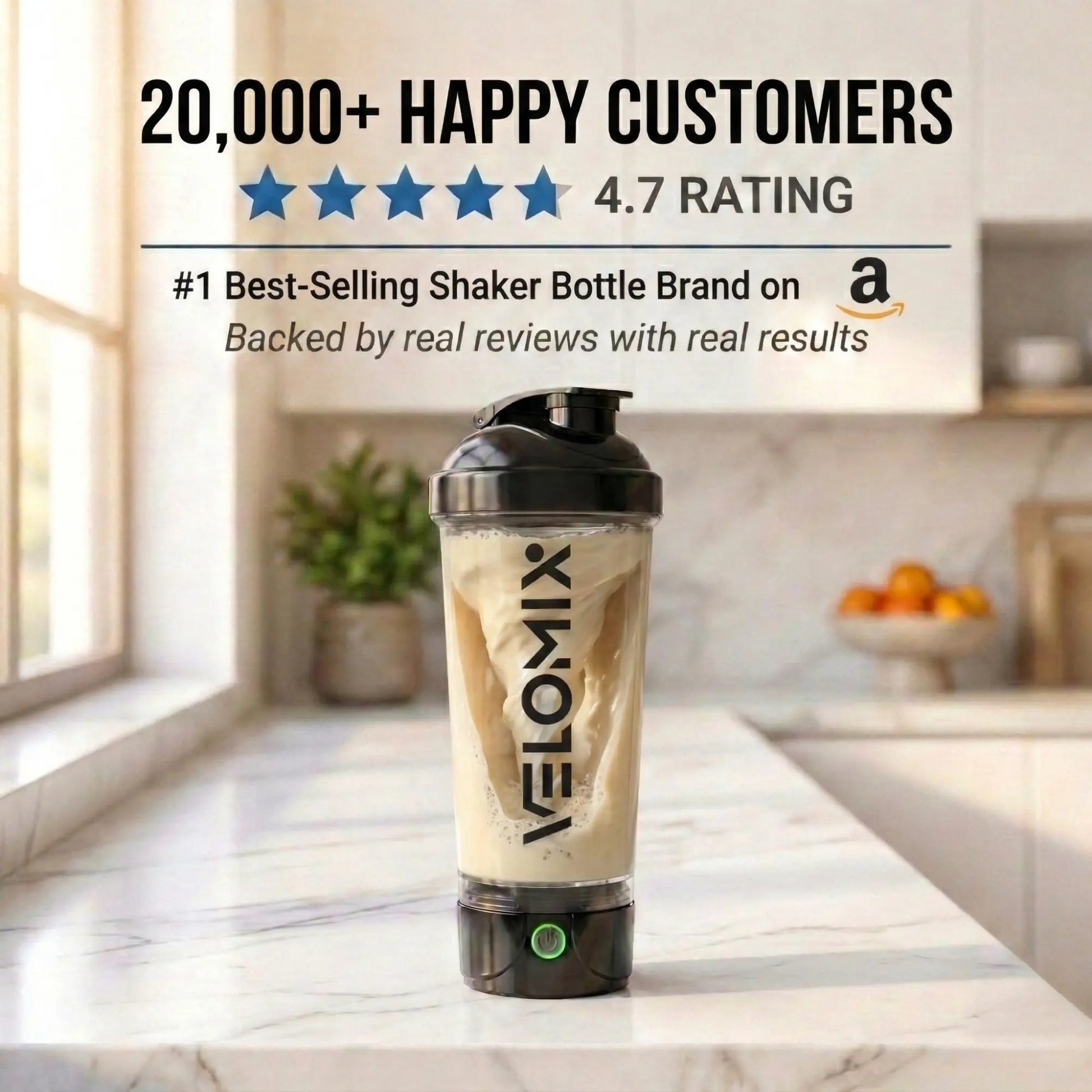 VELOMIX 24oz Electric Protein Shake Mixer Bottle - USB-C Rechargeable, Leak-Proof Design, 80 Mixes per Charge, One-Touch Operation, Easy to Clean, Durable BPA-Free PP/PE Plastic for Gym Use
