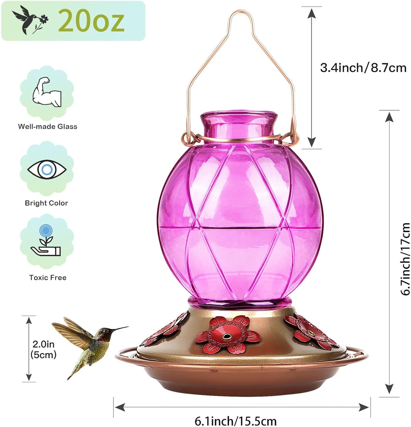 Glass Hummingbird Feeder with Netted Texture, 20 Ounce Capacity, Lavender Color, Ideal Outdoor Gift for Parents and Friends