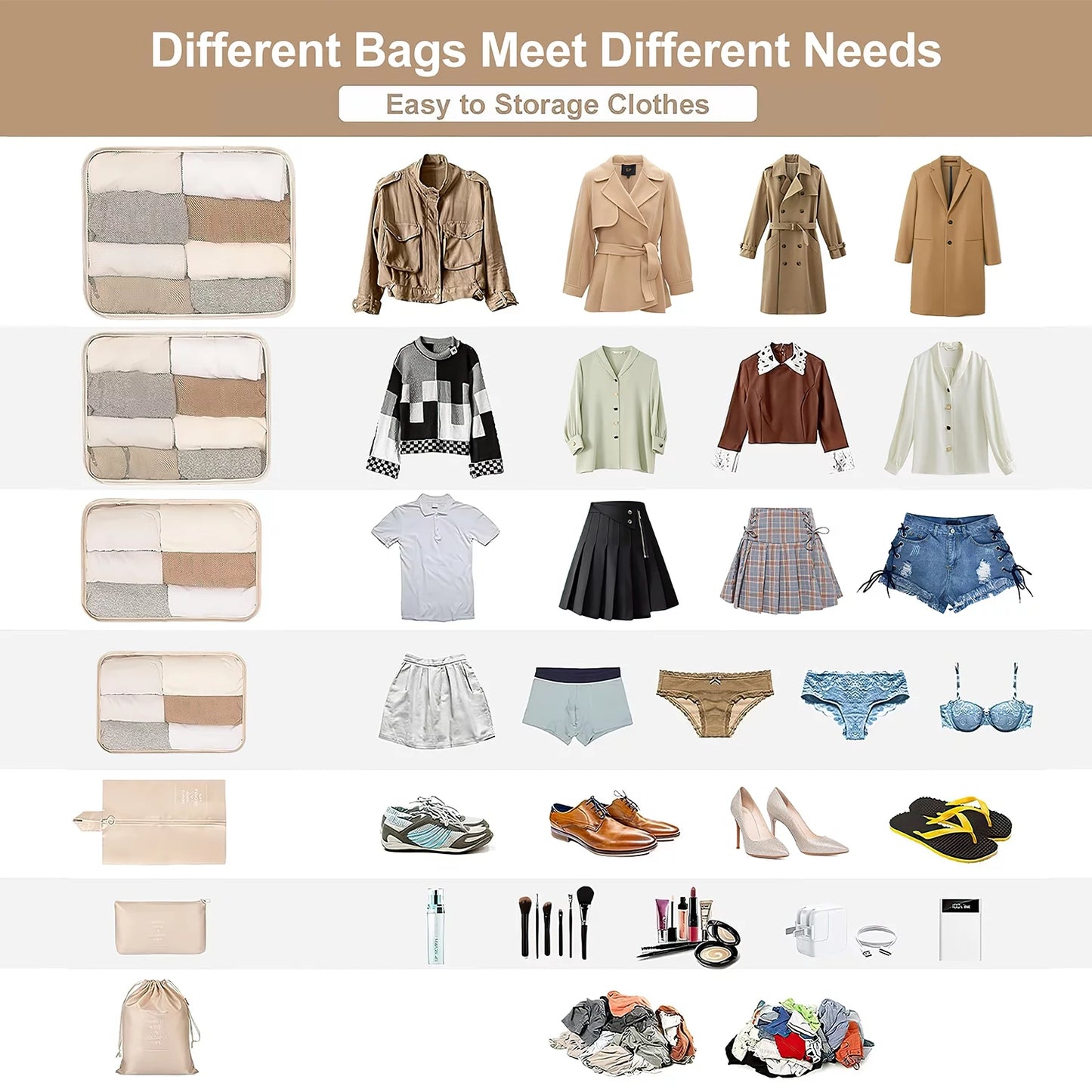 9-Piece Packing Cube Set with Large Toiletry Bag for Clothing and Footwear, Beige