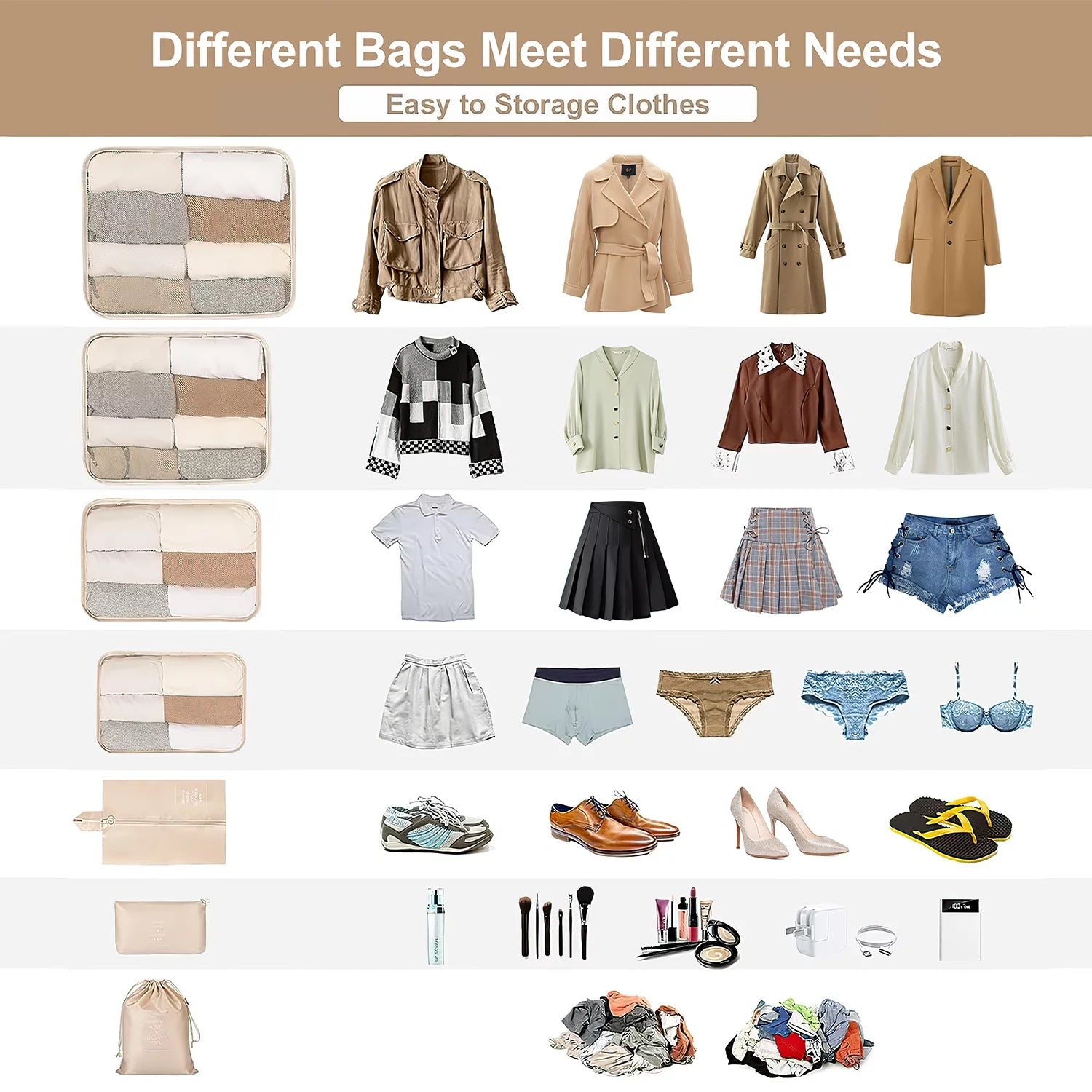 9-Piece Packing Cube Set with Large Toiletry Bag for Clothing and Footwear, Beige