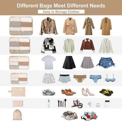 9-Piece Packing Cube Set with Large Toiletry Bag for Clothing and Footwear, Beige