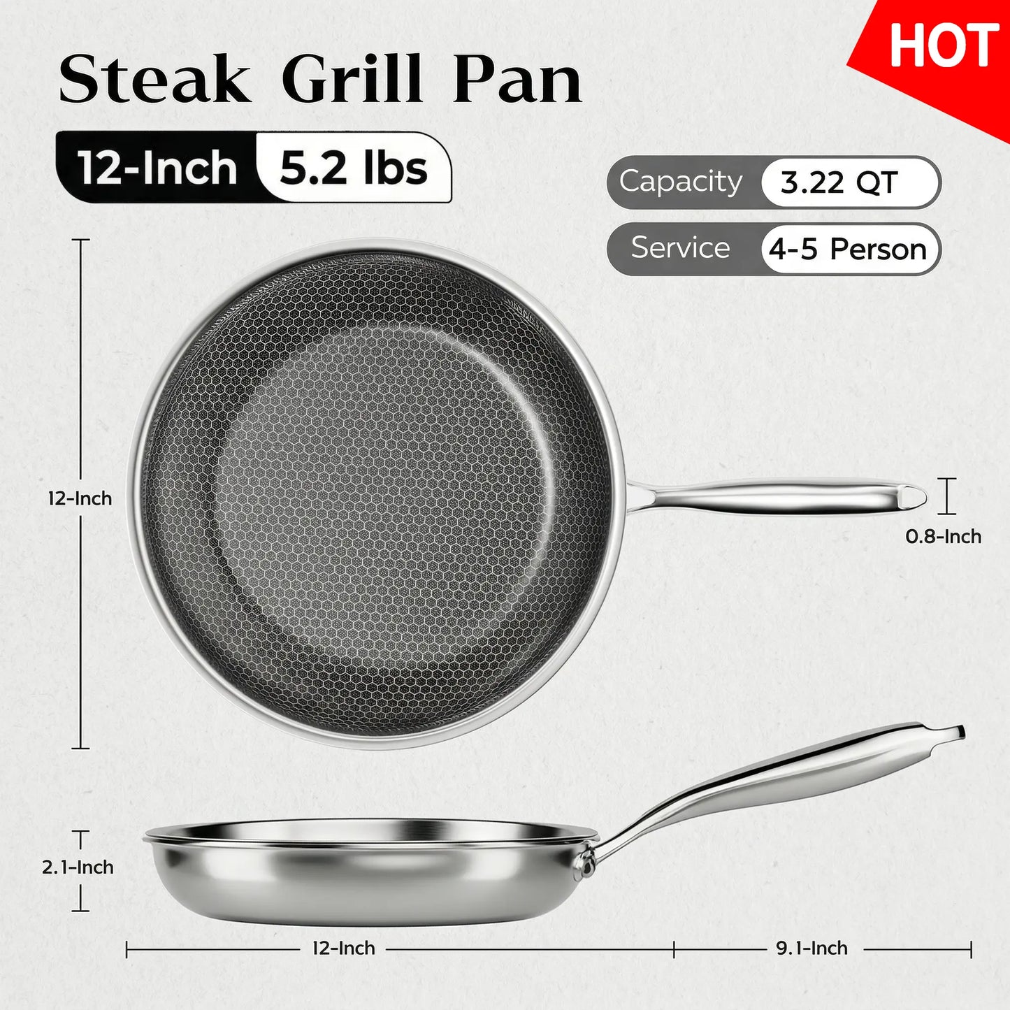XBM Professional 3-Piece Hybrid Nonstick Cookware Set - Induction & Oven Safe, Rivetless Ceramic Honeycomb Skillets (8", 10", 12"), 100% PTFE/PFOA Free, Tri-Ply Stainless Steel - Ideal Mother's Day Gift