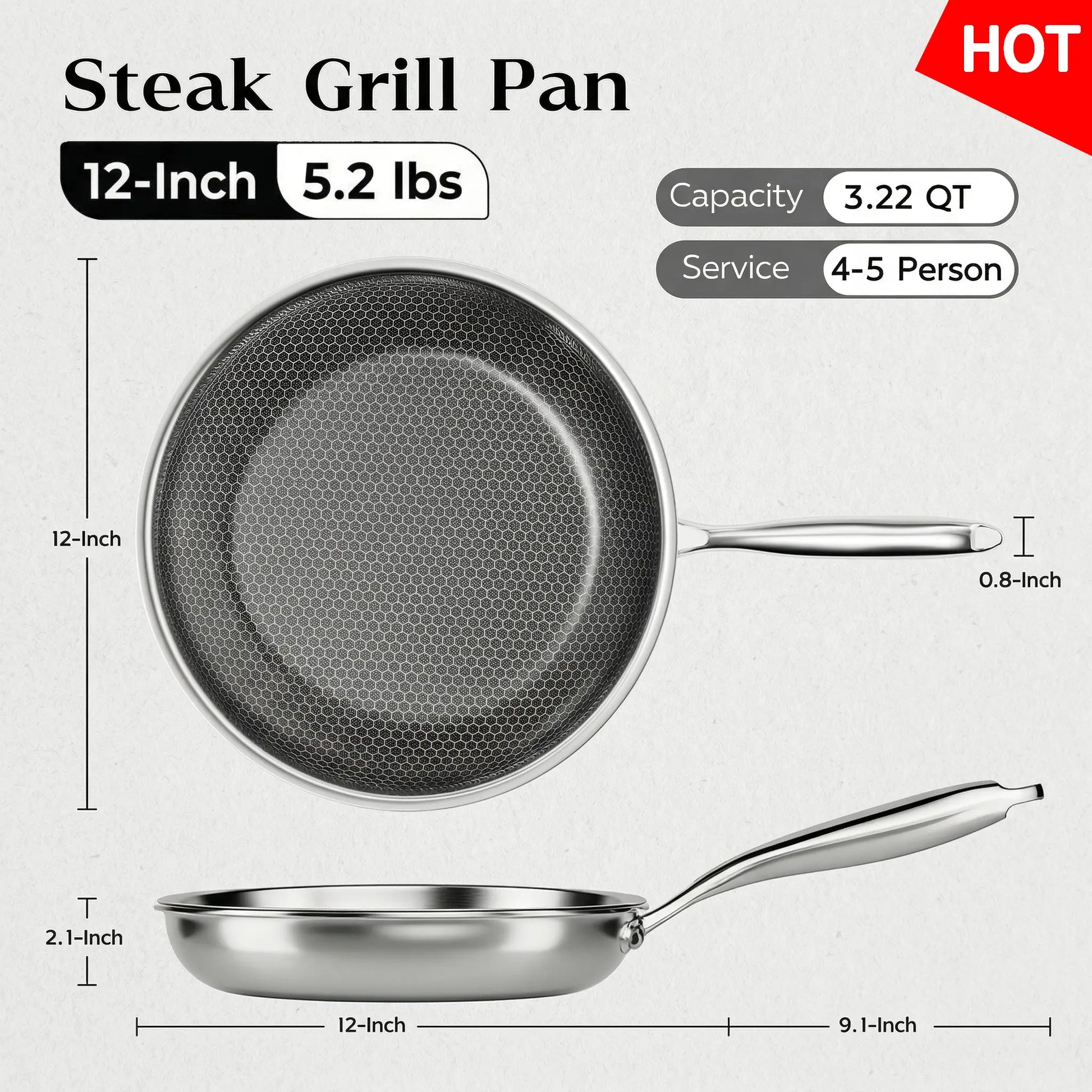 XBM Professional 3-Piece Hybrid Nonstick Cookware Set - Induction & Oven Safe, Rivetless Ceramic Honeycomb Skillets (8", 10", 12"), 100% PTFE/PFOA Free, Tri-Ply Stainless Steel - Ideal Mother's Day Gift