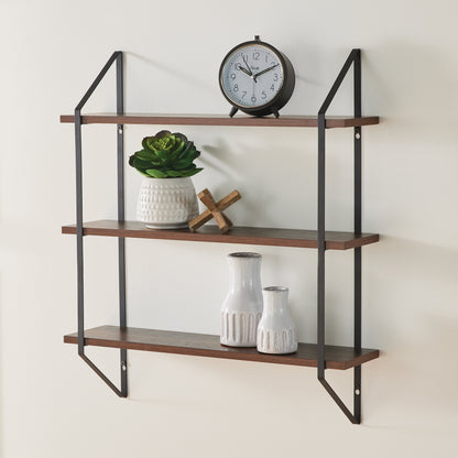 Walnut 3-Tier 20" Wide Wood Bracket Shelves